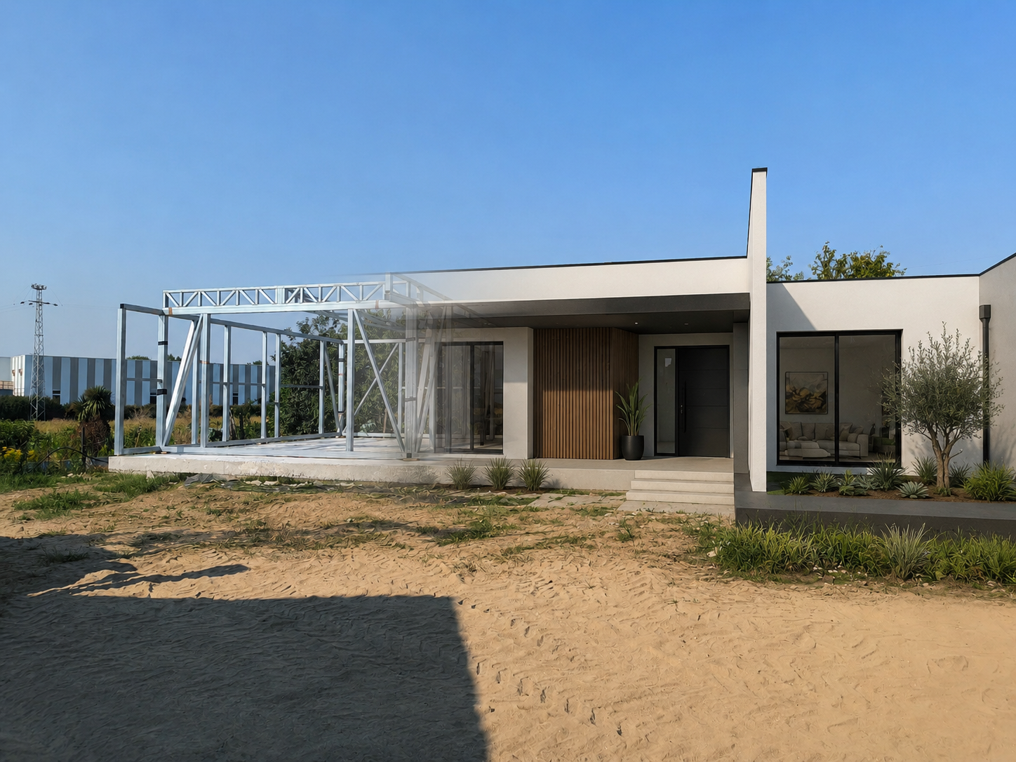 Moradia contemporânea com representação da estrutura metálica e do exterior concluído